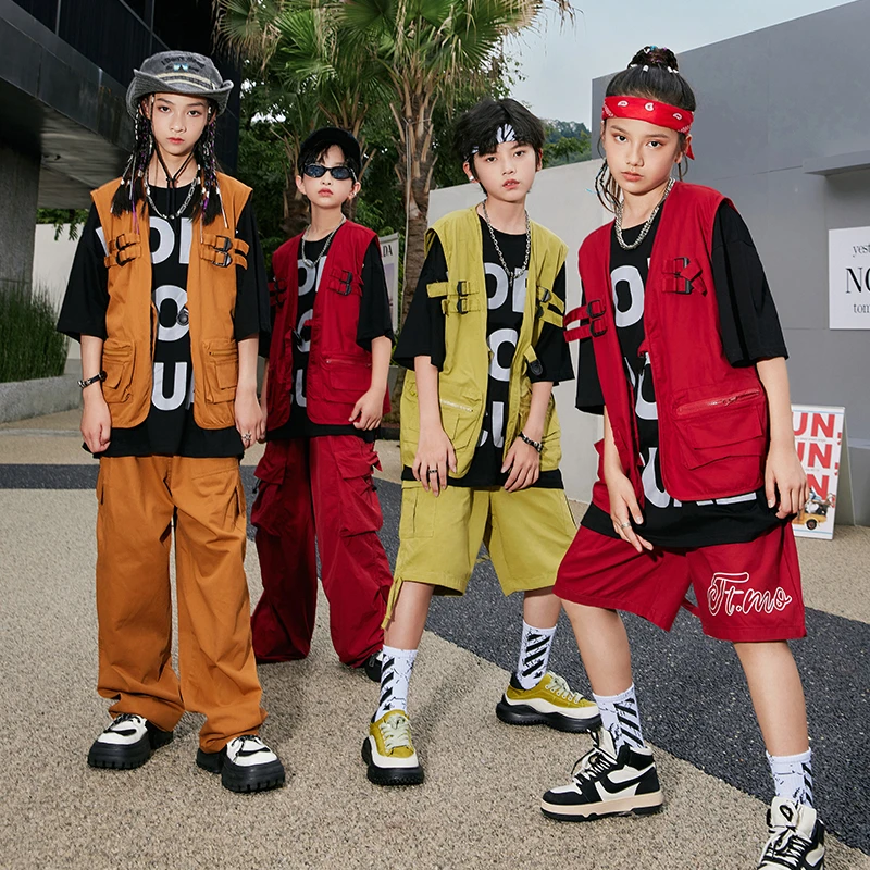 儿童街舞潮服嘻哈男童宽松马甲演出服套装hiphop架子鼓女童表演服