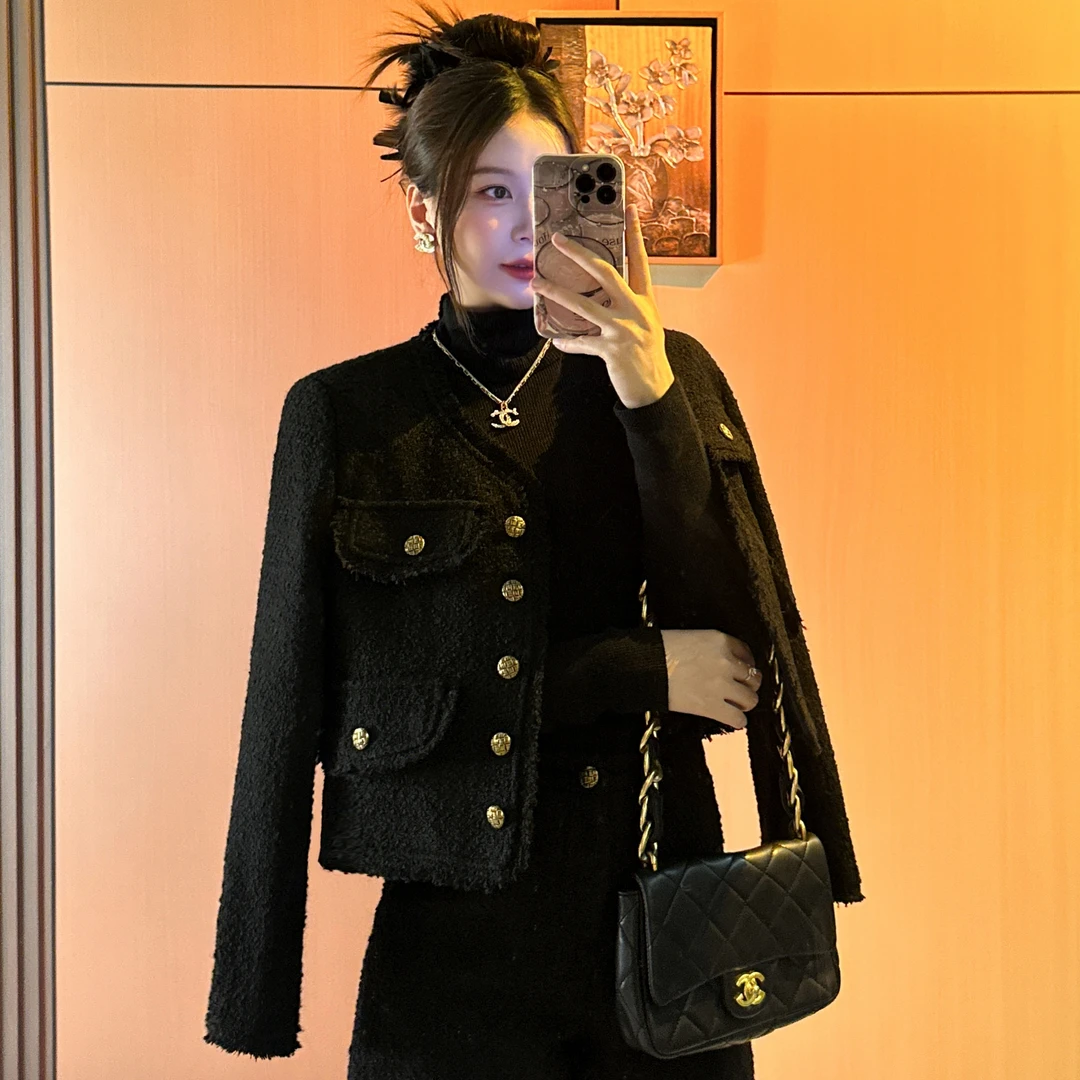 【非市场版本】秋冬粗花呢经典黑色小众高级感加厚小香风羽绒服外套
