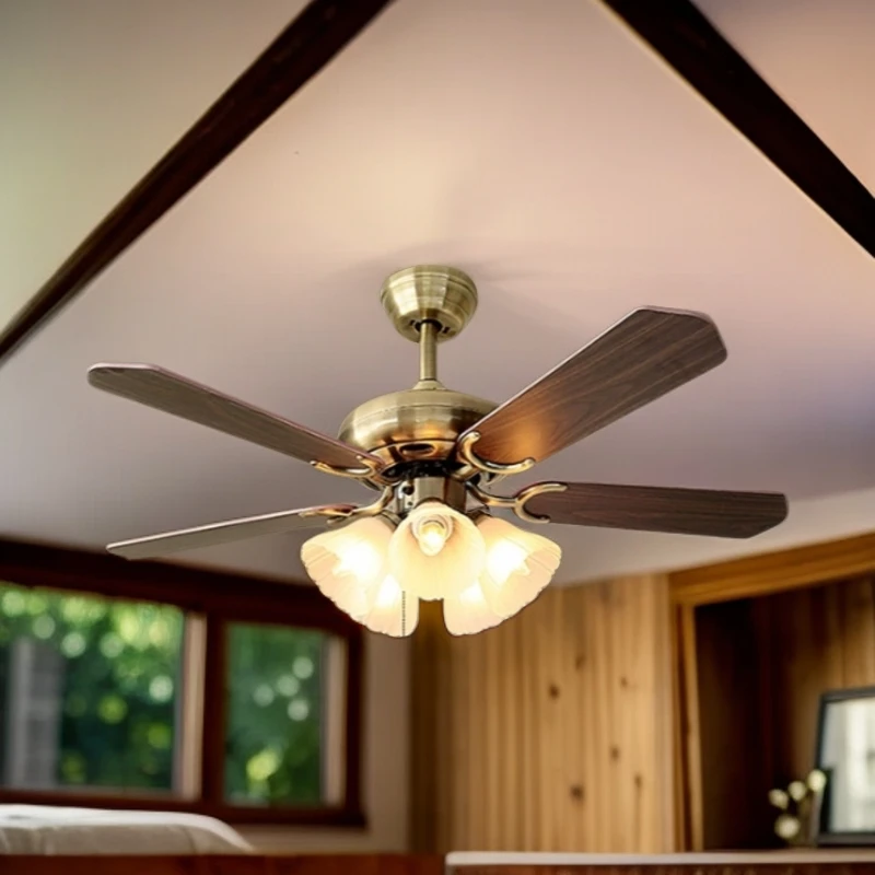 复古吊扇灯客厅美式铁叶卧室变频电扇吊灯木叶餐厅工业中古风扇灯
