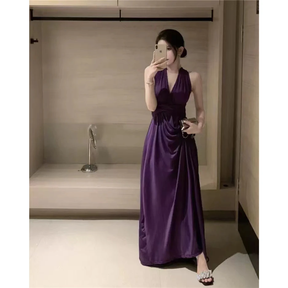 法式性感露背缎面挂脖连衣裙仙女气质生日礼服海边度假沙滩长裙子