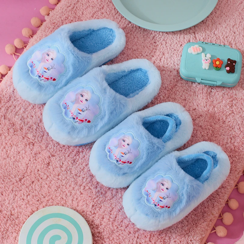 迪士尼6713儿童棉拖鞋家居室内女孩卡通爱莎冬季保暖软底防滑