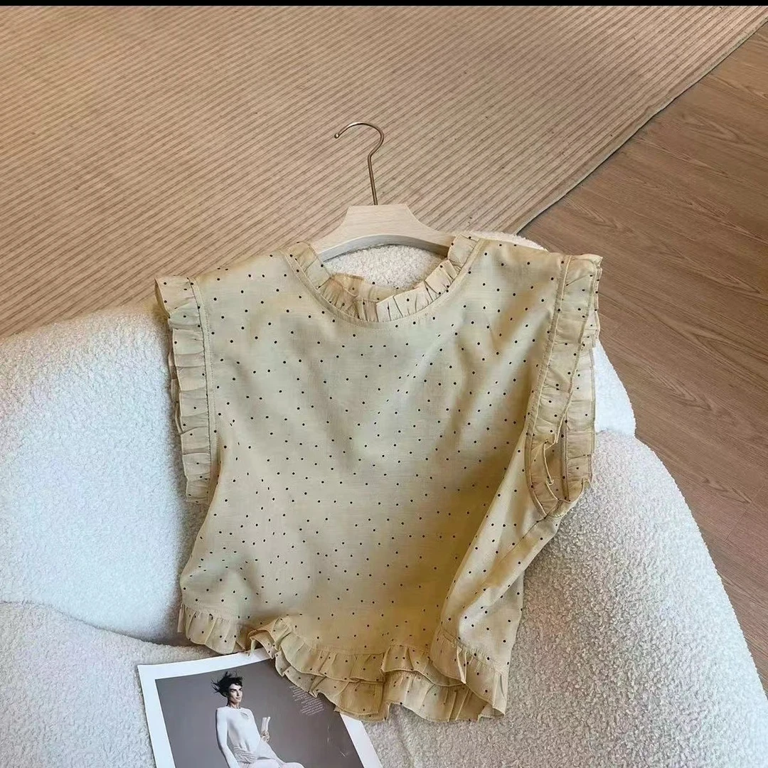 2025夏季韩系气质波点无袖小衫设计感纽扣木耳边上衣