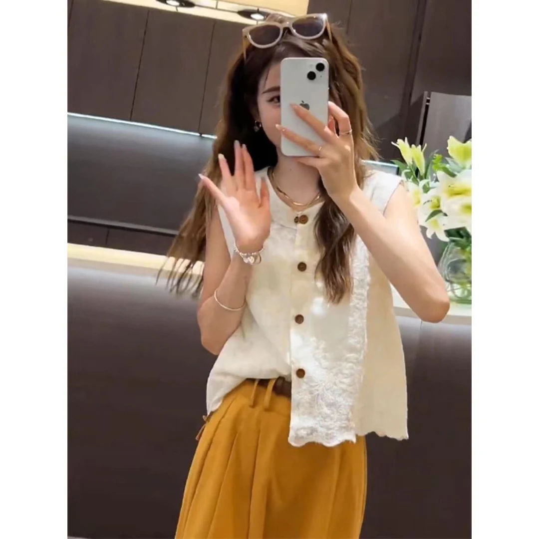 正品气质法式高级感提花圆领无袖蕾丝马甲单排扣显瘦百搭名媛上衣