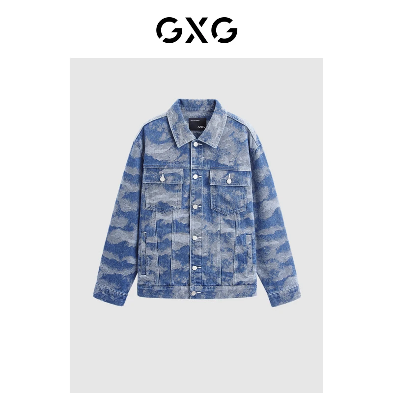 GXG春季翻领男士花色水洗牛仔夹克外套男上衣#GFD1E800591