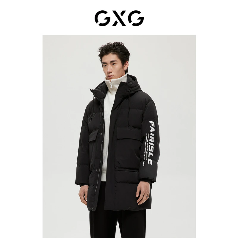 GXG男装保暖时尚休闲连帽加厚长款外套黑色羽绒服冬季#GD1111331K