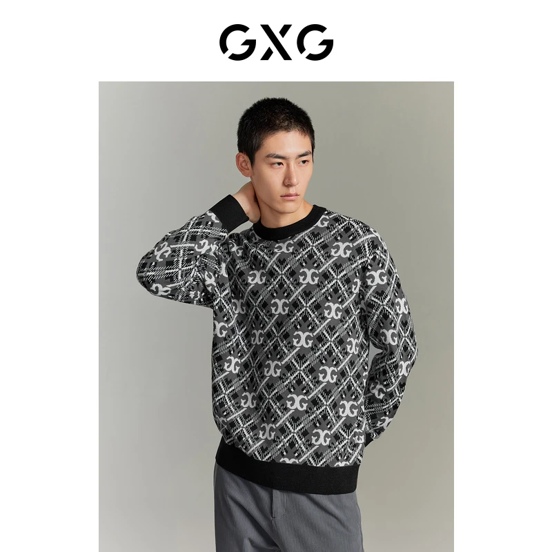 GXG男装 双色格纹撞色圆领毛衣针织衫23年秋季新品#GED12030563