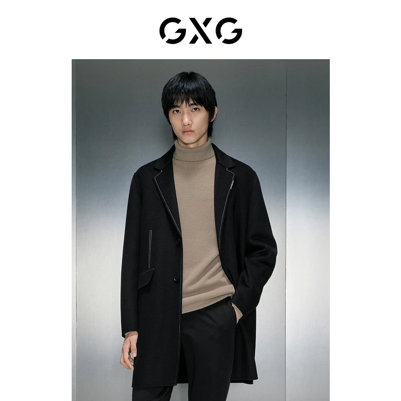 【双十一专属】GXG男装黑色简约长款大衣秋冬#GEX12628524