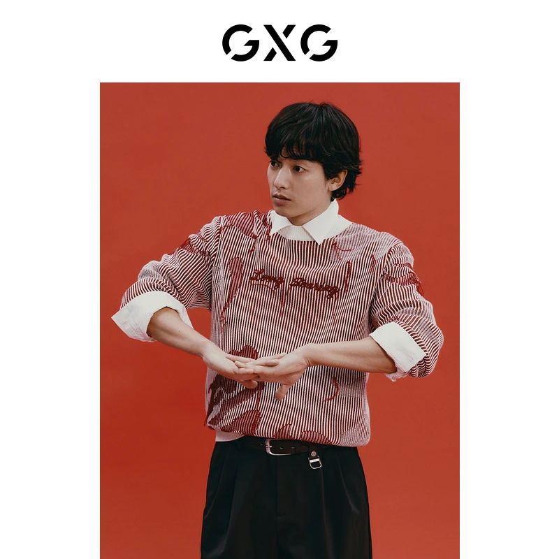 GXG男装 新年系列红色龙纹设计圆领针织衫24春季新品#GFD12002281