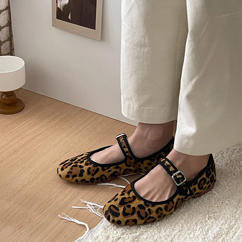 2024秋季上新豹纹马毛单鞋女一字带扣带低跟圆头复古百搭玛丽珍鞋