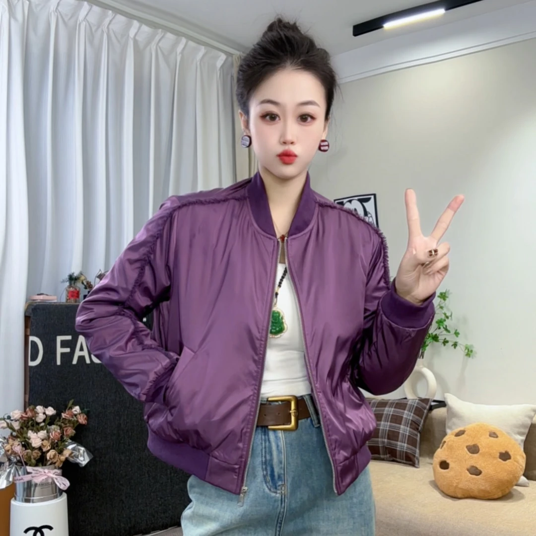 加棉加厚夹克休闲百搭纯色流苏款秋冬棉服棒球服上衣外套女黑色02