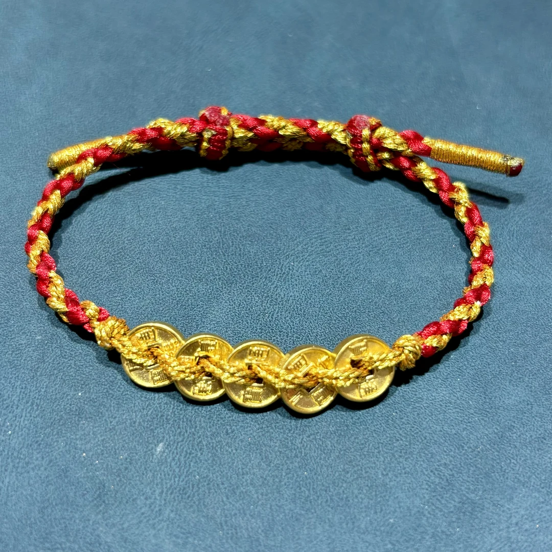 【水贝小欢哥】足金999精品黄金五帝币新款DIY搭配金线红绳编织