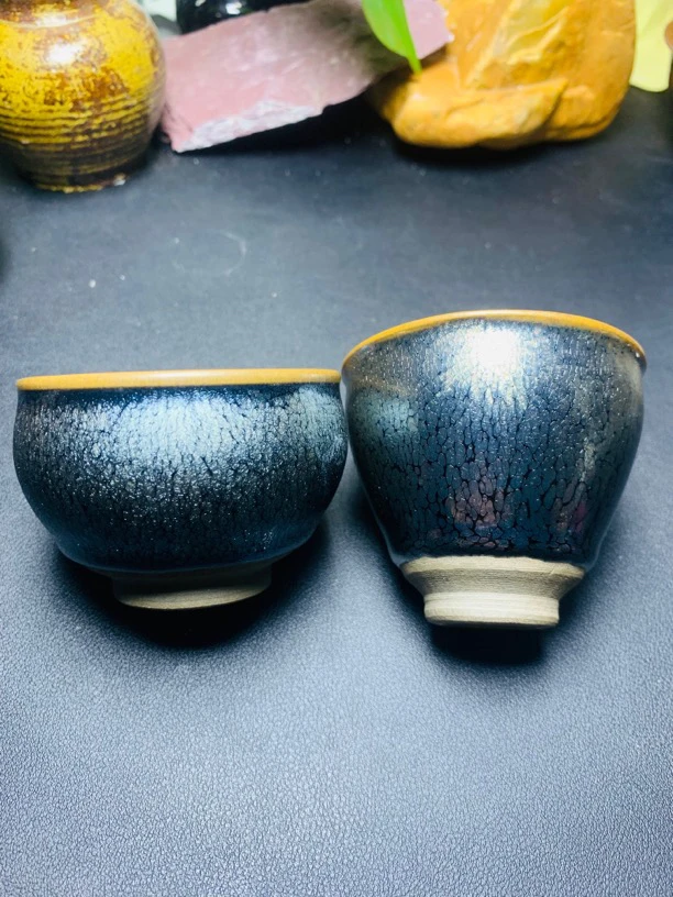 建窑建盏原矿原釉蓝油滴对杯