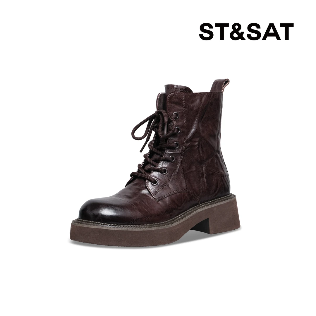 星期六英伦风靴子棕色马丁靴百搭复古厚底系带时装短靴SS34116R46