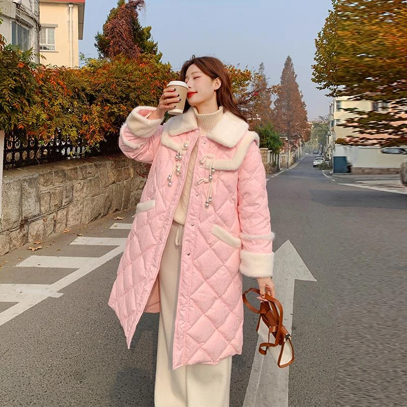 羊羔毛拼接羽绒服女2023冬季新款白鸭绒填充设计简约大方大衣外套