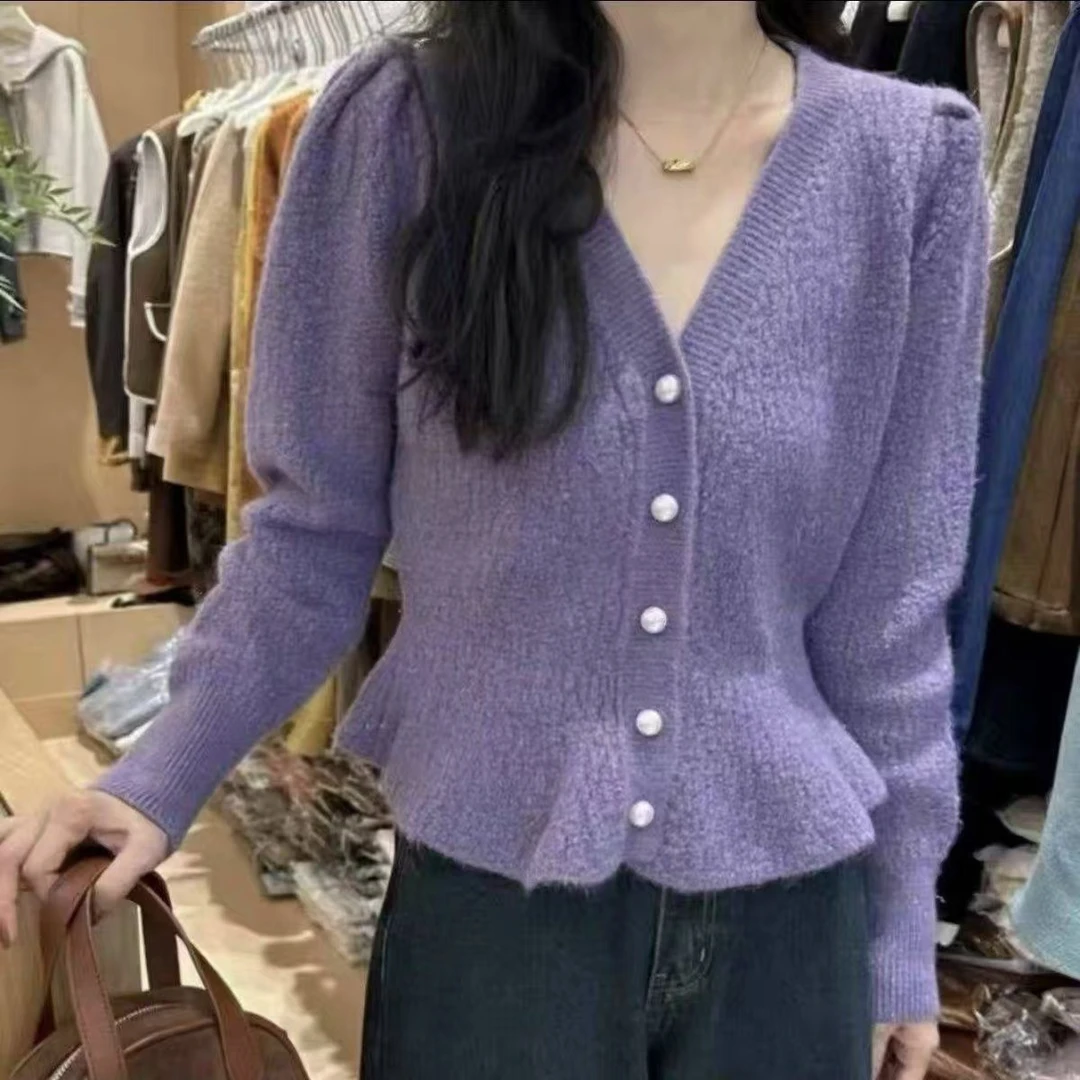 法式泡泡袖针织开衫女装秋冬新款短款纯色V领收腰小香风毛衣外套