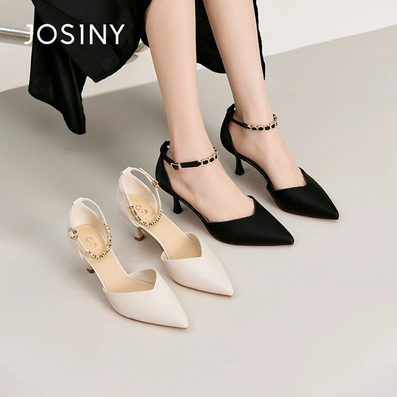 卓诗尼2024春夏新款一字扣包头凉鞋女气质尖头细跟单鞋女士高跟鞋