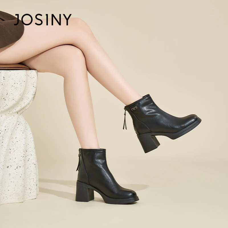 卓诗尼短靴女2024新款冬季黑色高跟女靴百搭英伦风小个子瘦瘦靴
