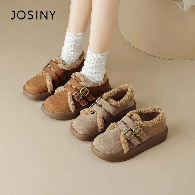 卓诗尼毛毛鞋女2024冬季新款加绒加厚双扣带时尚百搭学院棉鞋女鞋