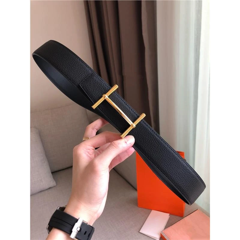 高档奢侈H皮带爱马年轻人字母H家工字扣双面真皮腰带黑色复古简约