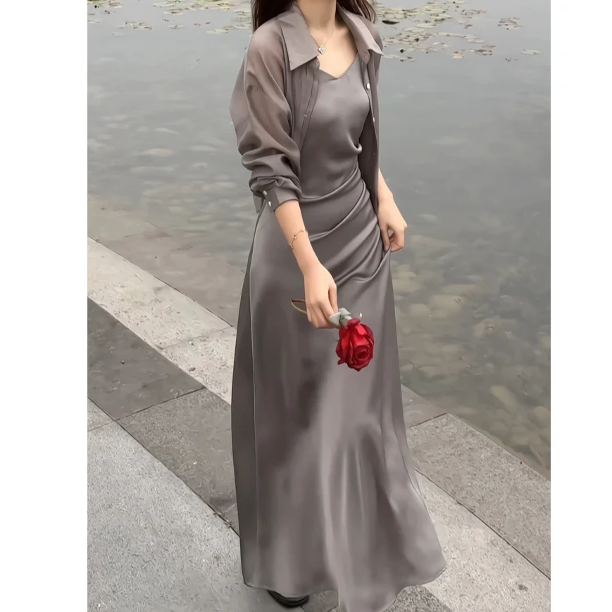 （套装）新款俩件套连衣裙显瘦气质法式收腰裙+防晒衬衫外套