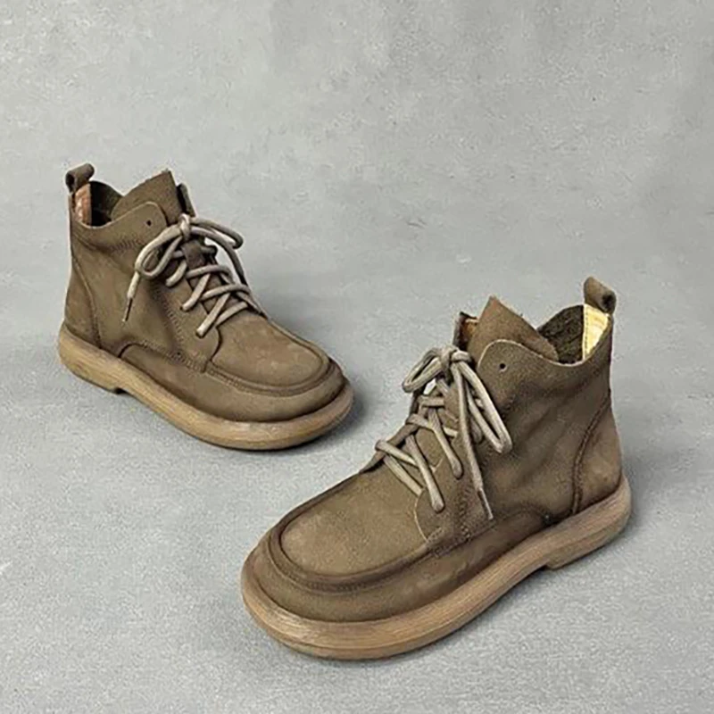 磨砂牛皮休闲短靴真皮圆头低跟软底侧拉链女鞋X1030