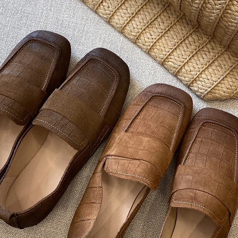 真皮复古方头防滑软底乐福鞋一脚蹬文艺森系低帮单鞋女X678-220