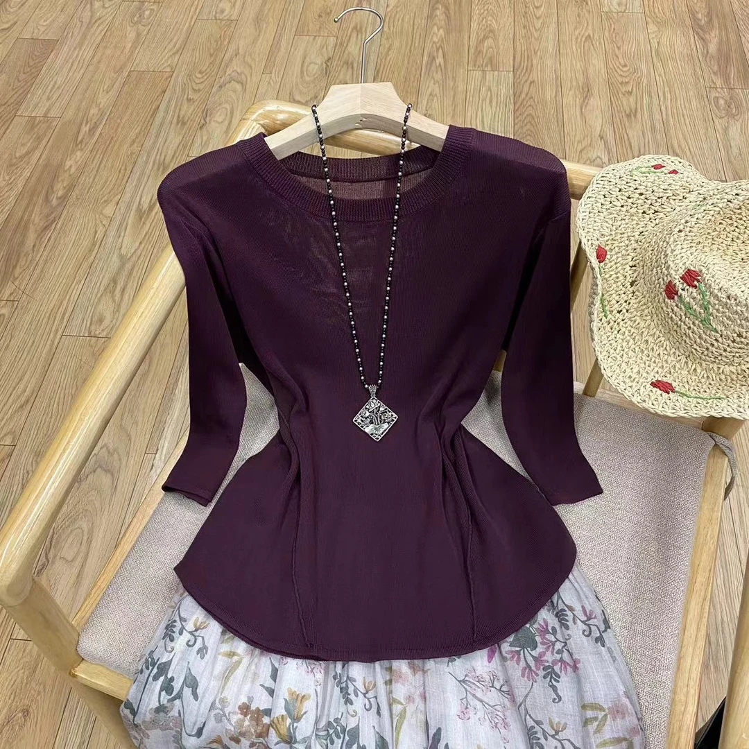 天丝圆领套头中袖针织衫T恤纯色百搭文艺薄款宽松上衣女Z009-1