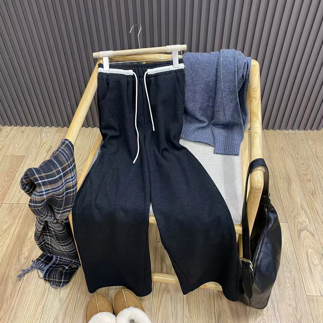 拼色高腰抽绳加绒阔腿裤宽松休闲显瘦加厚糯米裤女K69200