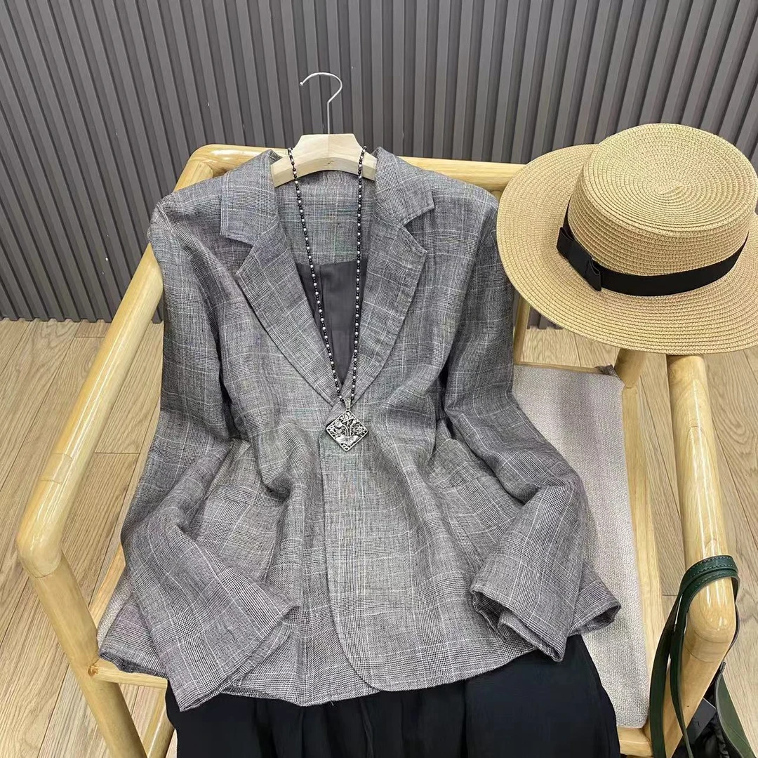 色织亚麻长袖小西服文艺复古气质休闲百搭宽松秋季西装外套女W913