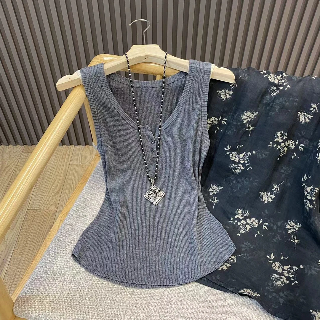天丝亚麻针织背心内搭纯色打底无袖外穿U领修身坎肩上衣女T92316