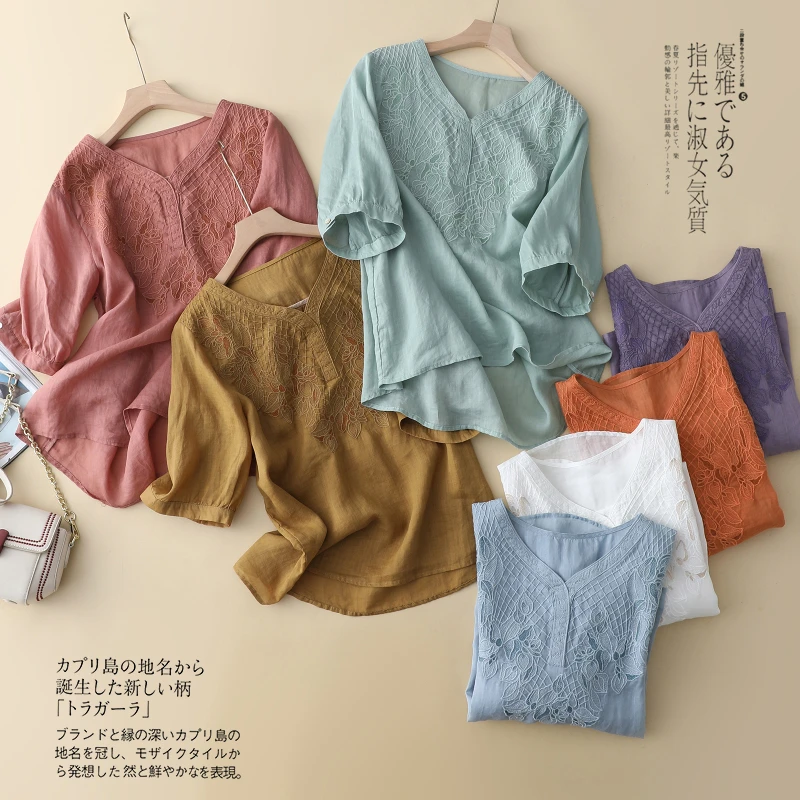 复古文艺刺绣苎麻半袖V领T恤女夏季薄款宽松绣花短袖上衣C6597