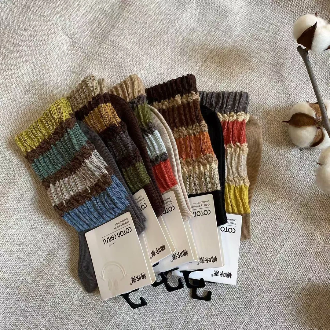 中筒松口慵懒风不勒腿条纹彩虹复古秋冬袜子女M793