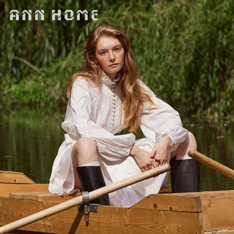 白安家【白色郁金香】法式荷叶领插肩袖甜美新款白色长袖衬衫裙子