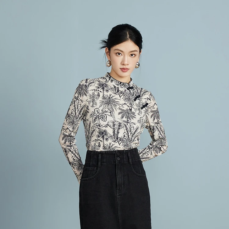 3S SUNNY SONG SMILE3S秋冬款新中式立领排扣撞色花修身针织衫