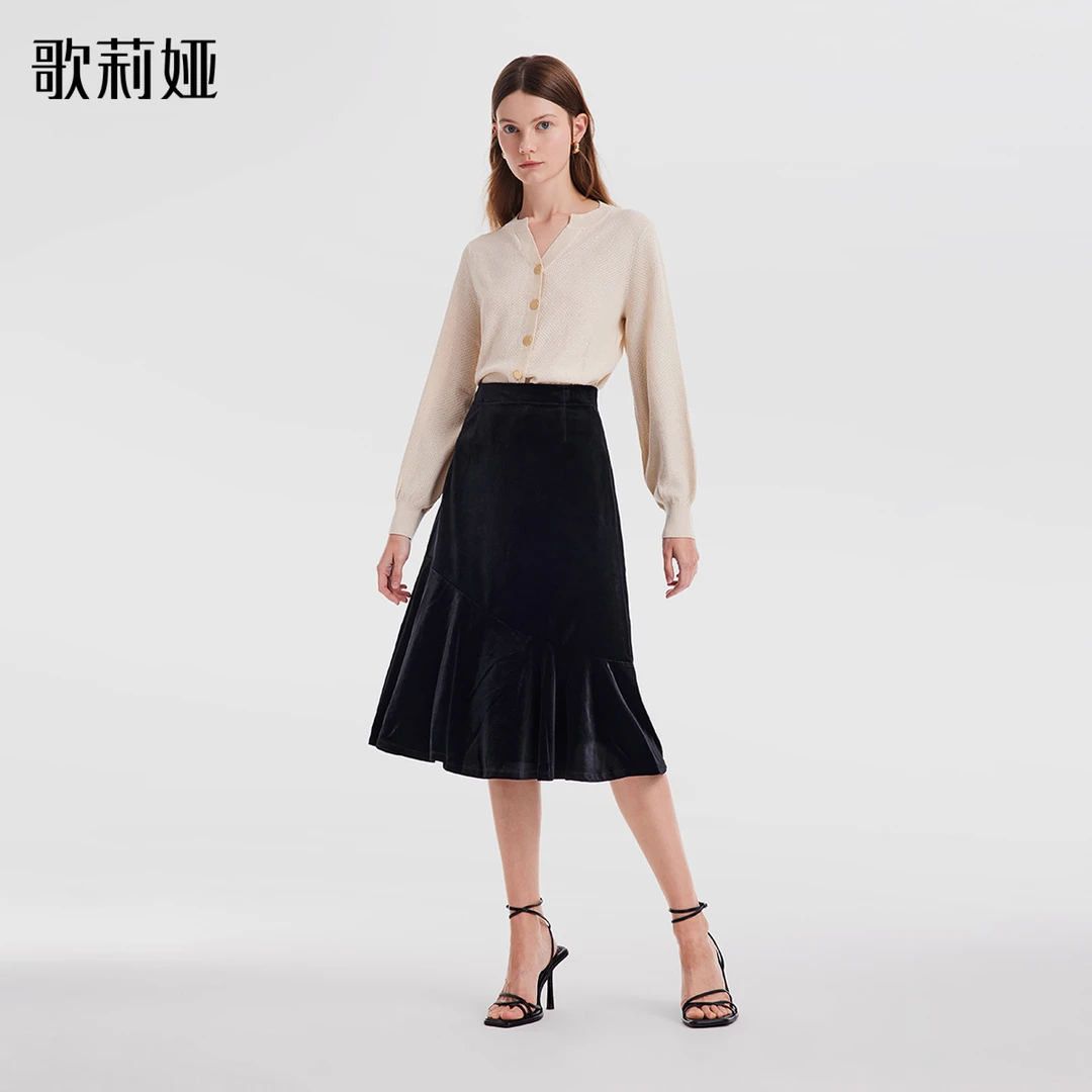 歌莉娅春季丝绒鱼尾优雅气质高腰半身裙半1B1R2D250