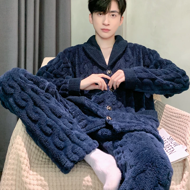 时尚男士睡衣秋冬款冬季珊瑚绒加绒加厚保暖法兰绒休闲大码家居服
