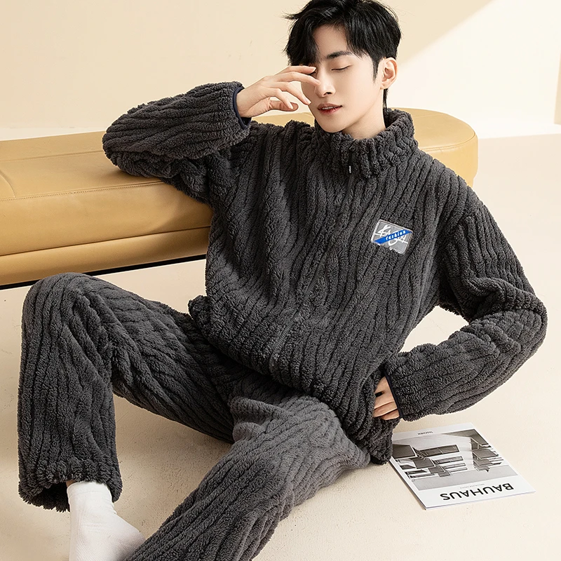 冬季睡衣男士秋冬加绒加厚款冬款法兰绒保暖青年中年家居服套装