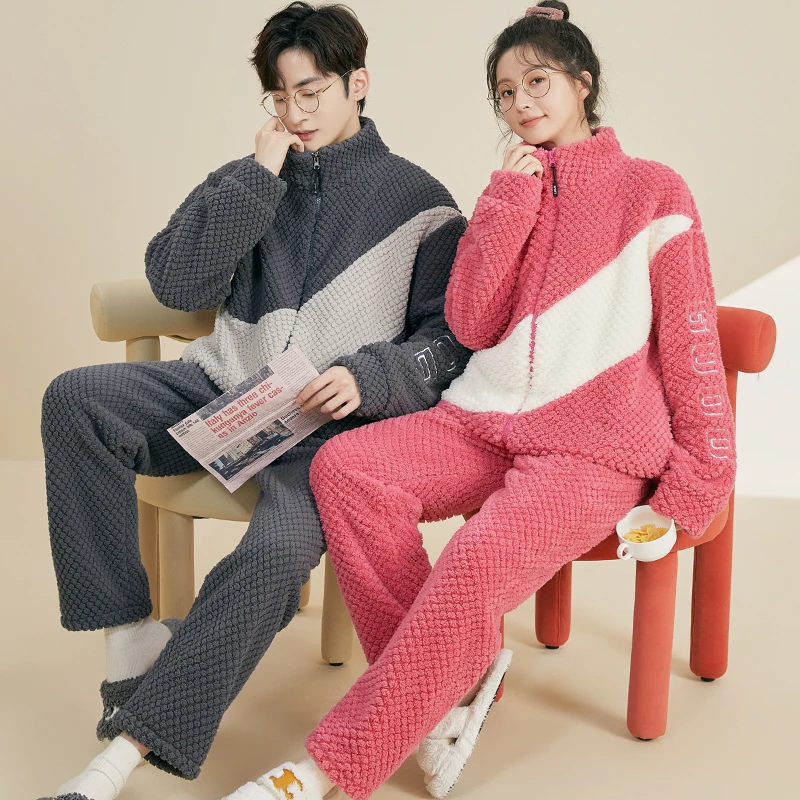 情侣睡衣女秋冬季法兰绒长袖加绒加厚款保暖珊瑚绒家居服男士套装
