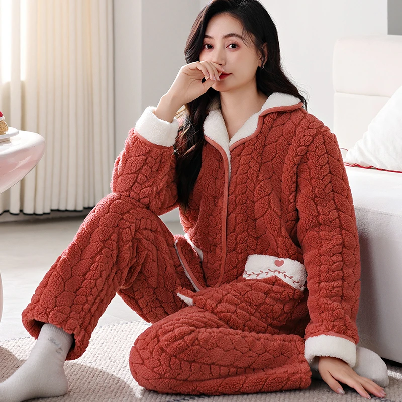 甜美爱心珊瑚绒睡衣女士加绒加厚保暖法兰绒冬天秋冬季家居服套装