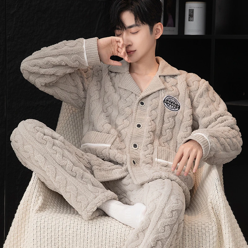 秋冬款睡衣男士珊瑚绒加绒加厚保暖法兰绒冬季家居服男款冬天套装