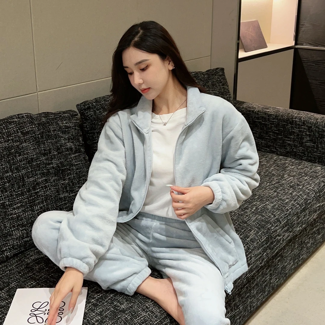 秋冬新款法兰绒睡衣女立领可外穿拉链款大码休闲家居服冬季套装
