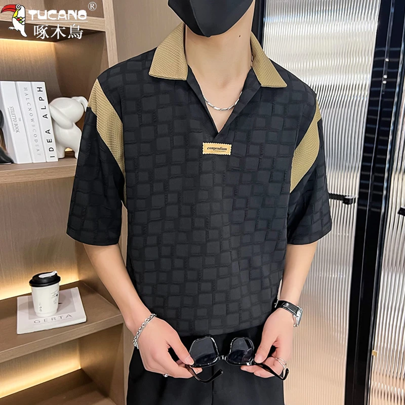 啄木鸟2024夏季新款个性百搭休闲V领半袖POLO衫男士痞帅短袖T恤潮