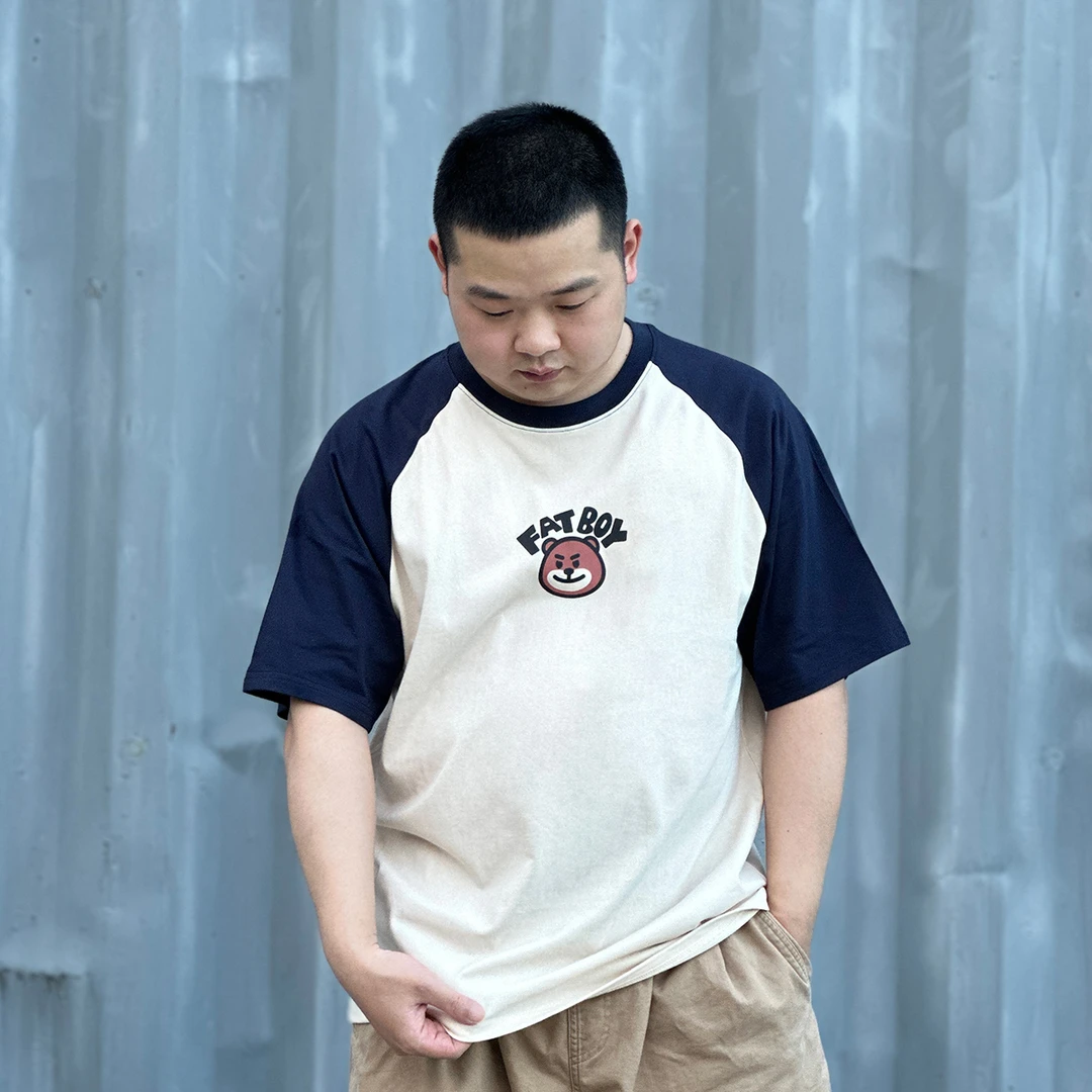 纯棉小熊印花全棉T恤圆领男士短袖插肩袖