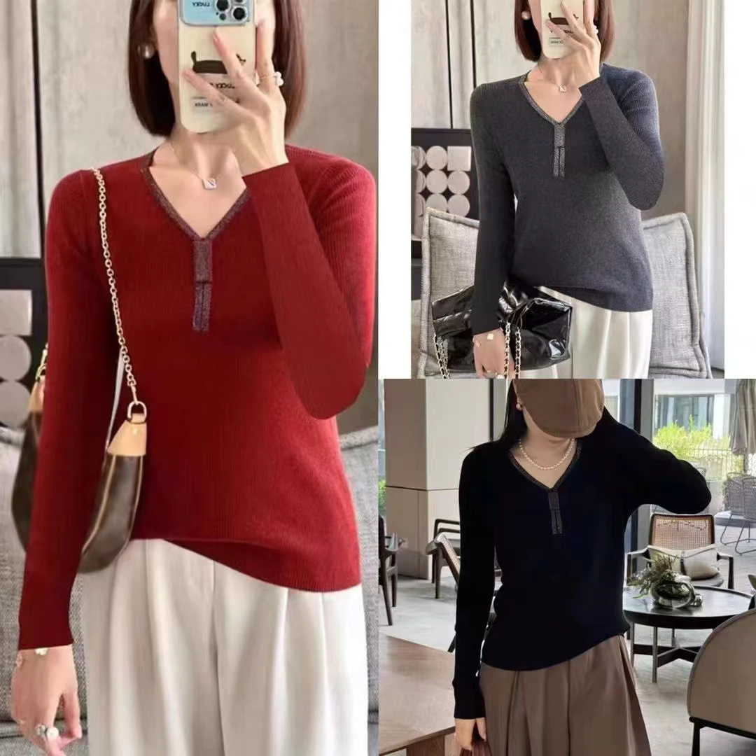v领修身羊毛衫打底