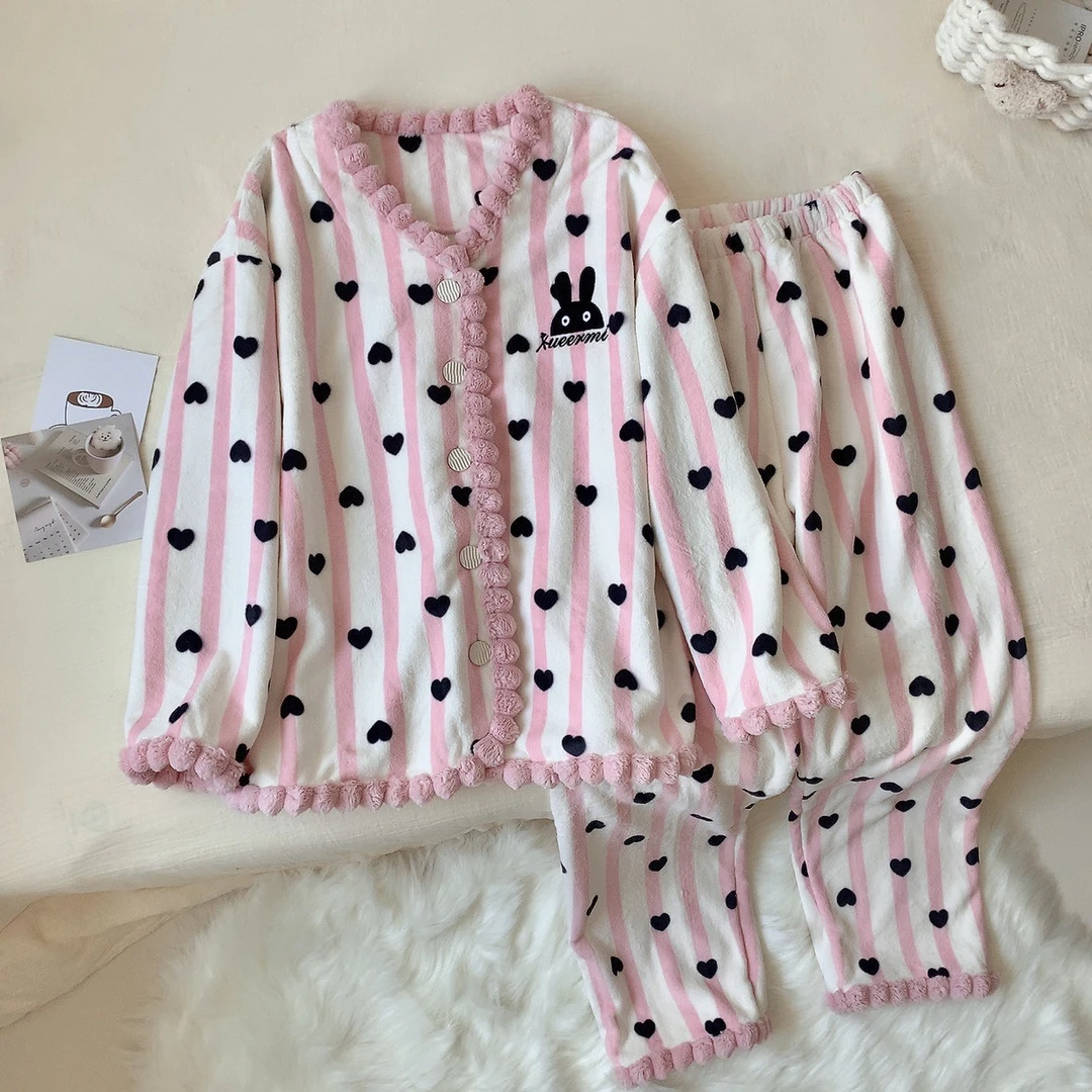 【开心兔子】新款法兰绒睡衣女秋冬卡通可爱家居服套装小个子厚款