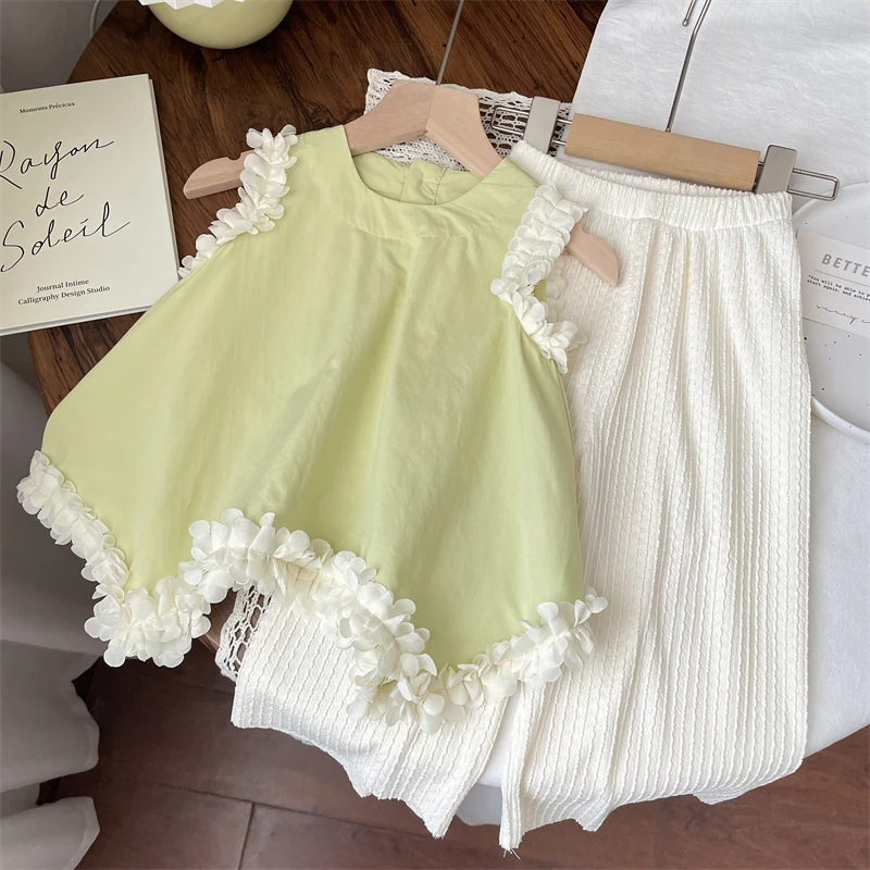 网红夏季女童宝宝儿童中长款无袖不规则高级感背心上衣娃娃衫套装