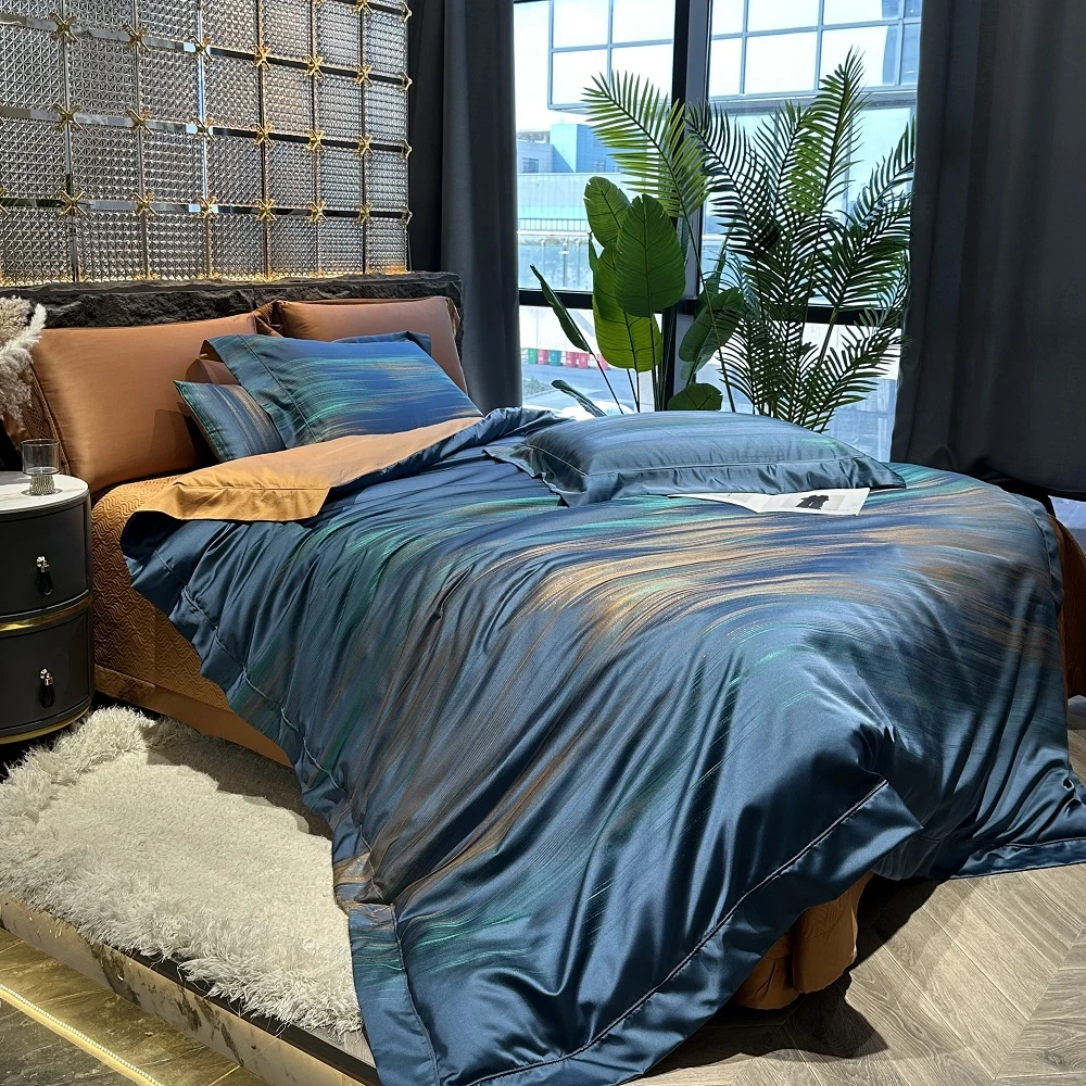 HMJ【线下实体款】高端出口厚织真丝色织提花埃及长绒棉床盖四件套