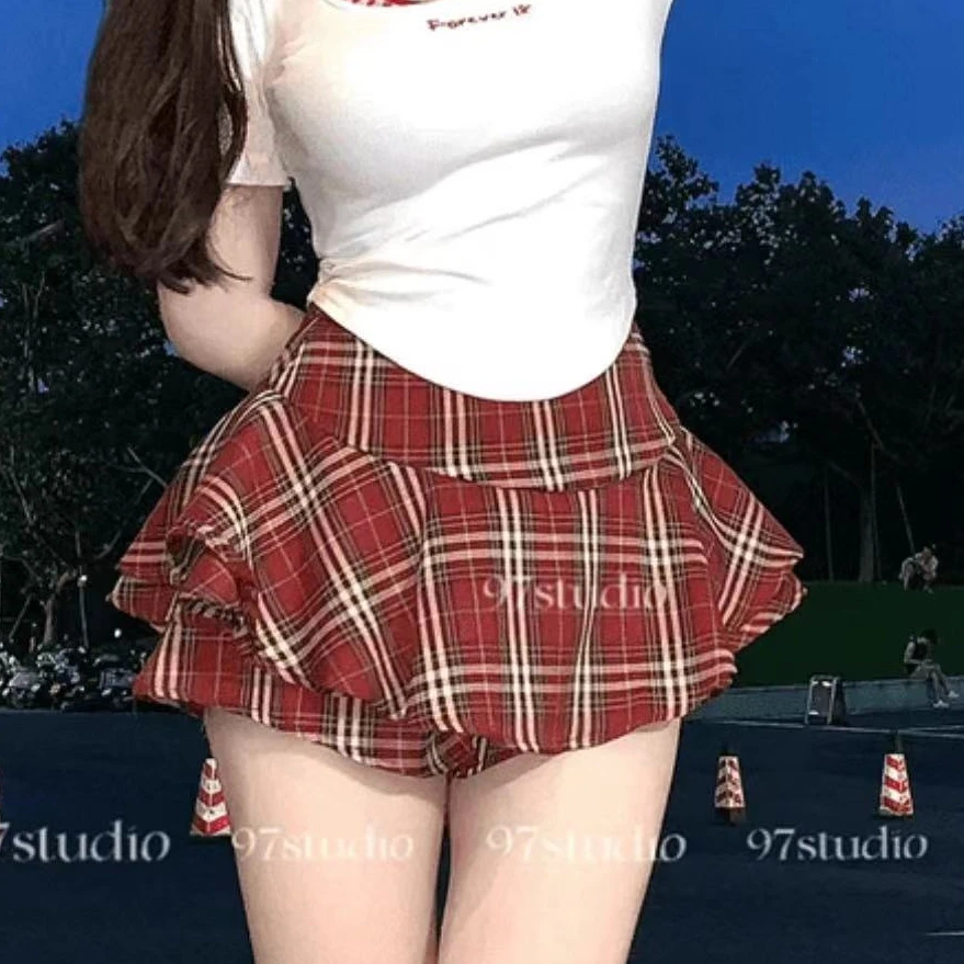 胖MM大码女装夏季新款显瘦半身裙高腰性感辣妹格子防走光花苞裙子