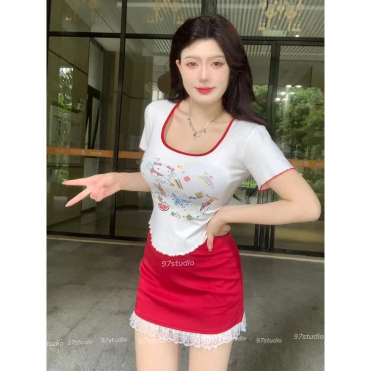 胖mm大码女装U领卡通印花正肩T恤夏季修身显瘦甜辣妹短袖上衣服