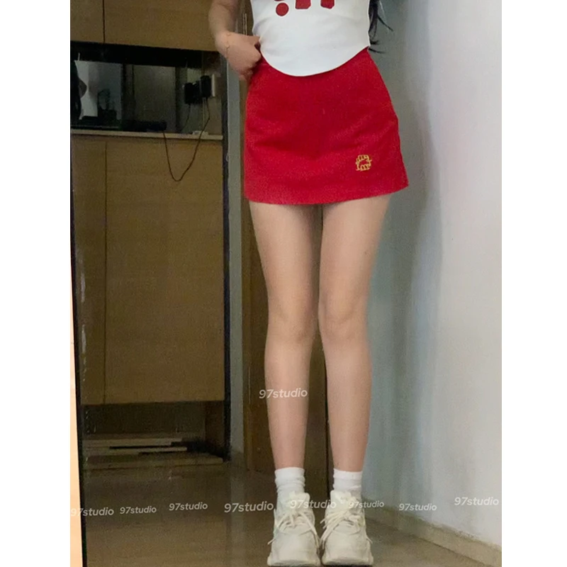 胖mm大码女装高腰显瘦红色半身裙夏季刺绣纯欲辣妹短裙包臀A字裙